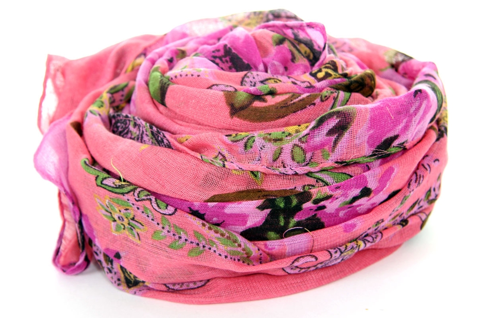 Pink Polyester Floral Design Scarf for Women