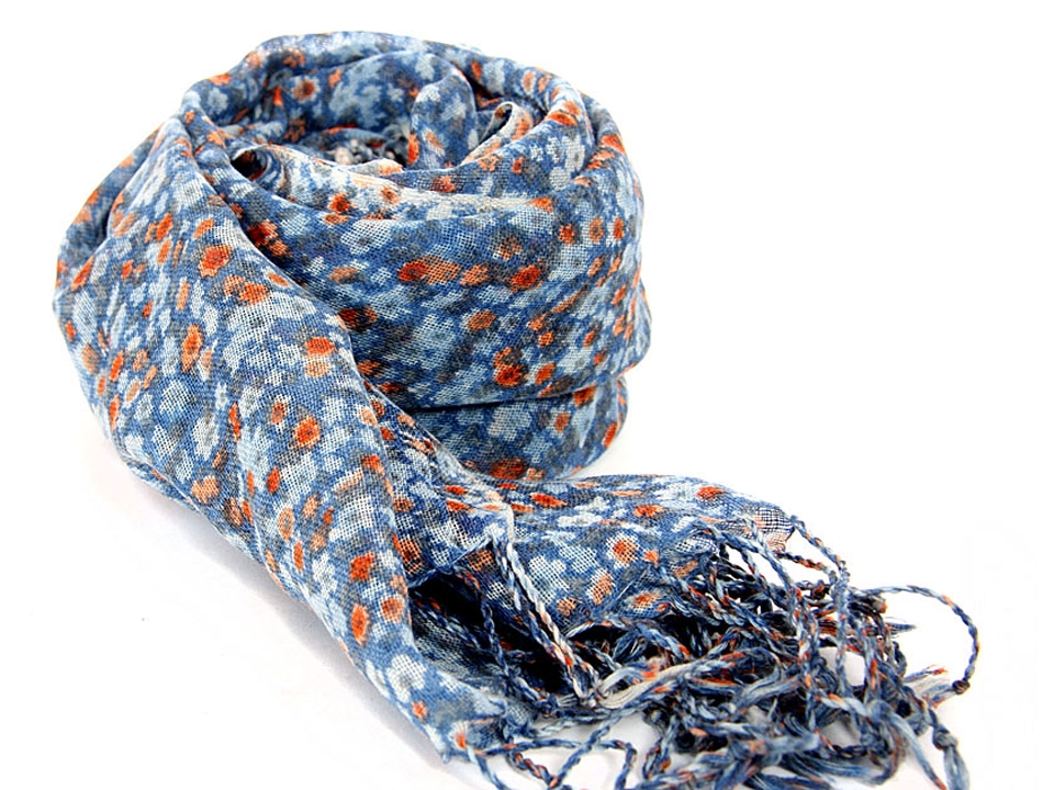 Miniature Flowers Blue Print Wool Scarf